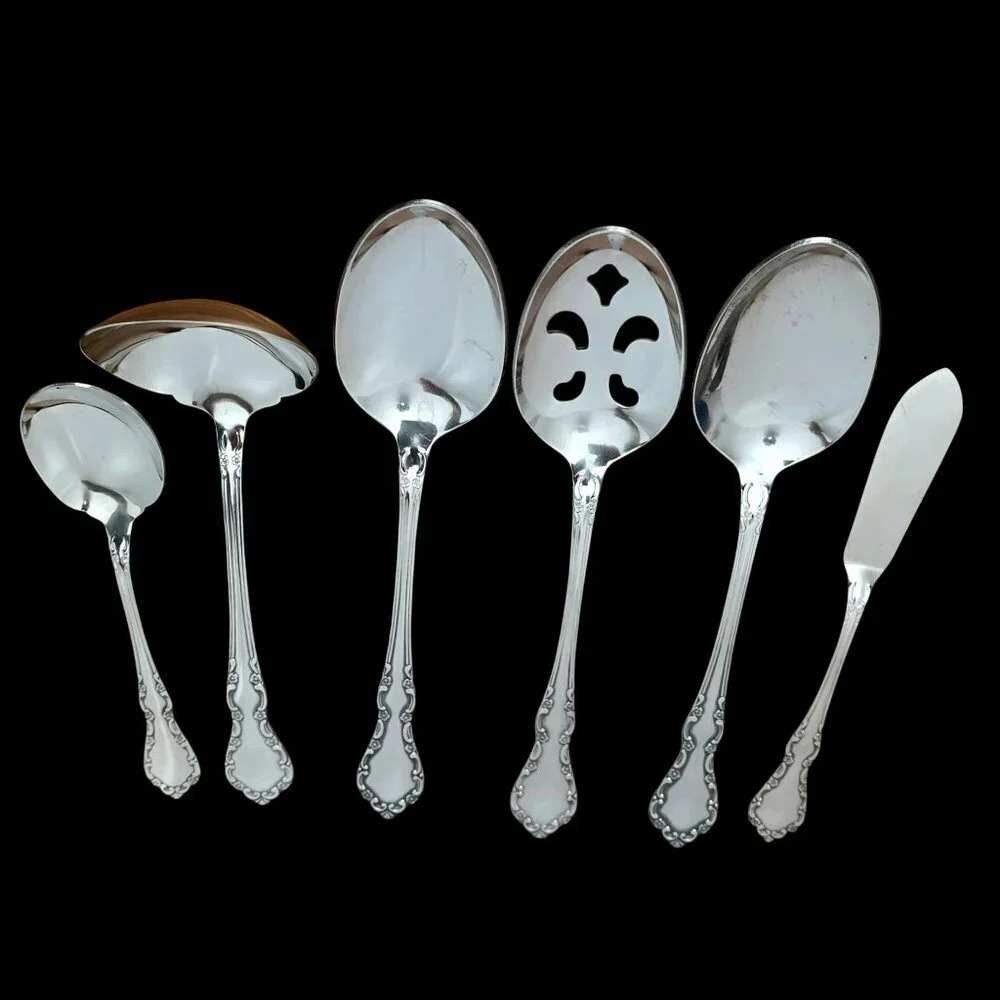 VTG Oneida Mansion Hall 6 Pc Serving Set Gravy Ladle Spoons Sugar Knife Floral